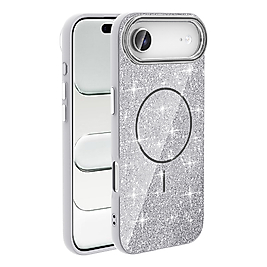 iPhone 17 Air Uyumlu M-safe Şarj Özellikli Parlayan Simli Okso Kılıf - Beyaz