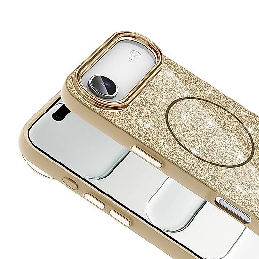 iPhone 17 Air Uyumlu M-safe Şarj Özellikli Parlayan Simli Okso Kılıf - Gold