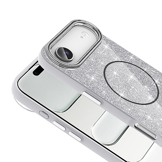 iPhone 17 Air Uyumlu M-safe Şarj Özellikli Parlayan Simli Okso Kılıf - Beyaz