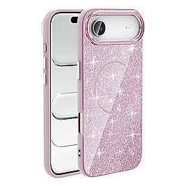 iPhone 17 Air Uyumlu M-safe Şarj Özellikli Parlayan Simli Okso Kılıf - Pembe