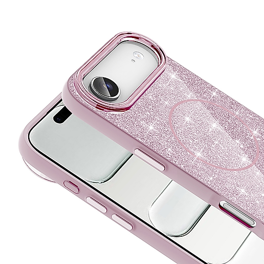 iPhone 17 Air Uyumlu M-safe Şarj Özellikli Parlayan Simli Okso Kılıf - Pembe